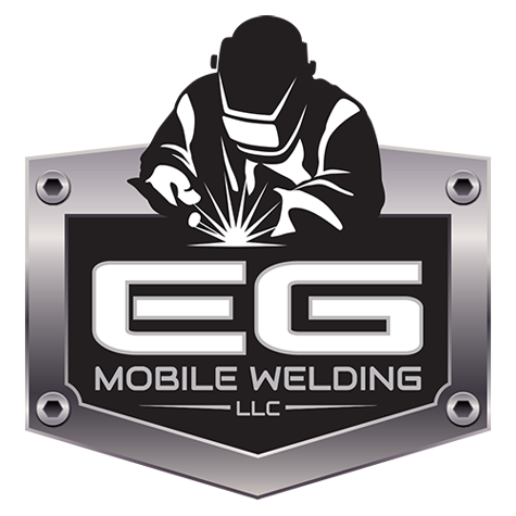 EG Mobile Welding Logo -Black white gray - welder with face shield showing walding Arc - Silver shield with metal grommets background - Black inner layer with White EG and Mobile Welding LLC