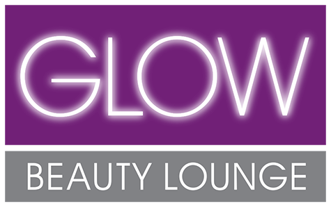Glow Beauty Lounge - Glow with fuschia background and all caps GLOW with glow effect - Beauty Lounge in white with light grey background