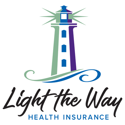 Light the Way Health INsurance Logo - White, green, purple and blue light house graphic - Light the Way in handwritten script - black; Health Insurance in light blue at the bottom.