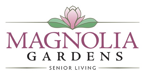 Magnolia Gardens Senior Living Logo - Lotus flower on top of landscape shaped logo - Magnolia and pink and Gardens / Senior Living in black