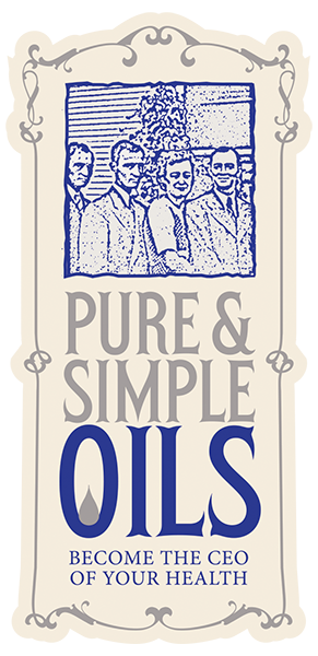 Purse & Simple in grey OILS in navy blue - old fasioned logo with flourishes surrounding portrait shaped tall tag - portrait of owners as an outlined lithograph in blue - Become the CEO of your Health at bottom