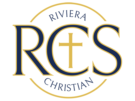 Riviera Christian School Logo - Broken Circle - curved Riviera Christian top and bottom and RCS in black with gold outline - Gold Cross in middle